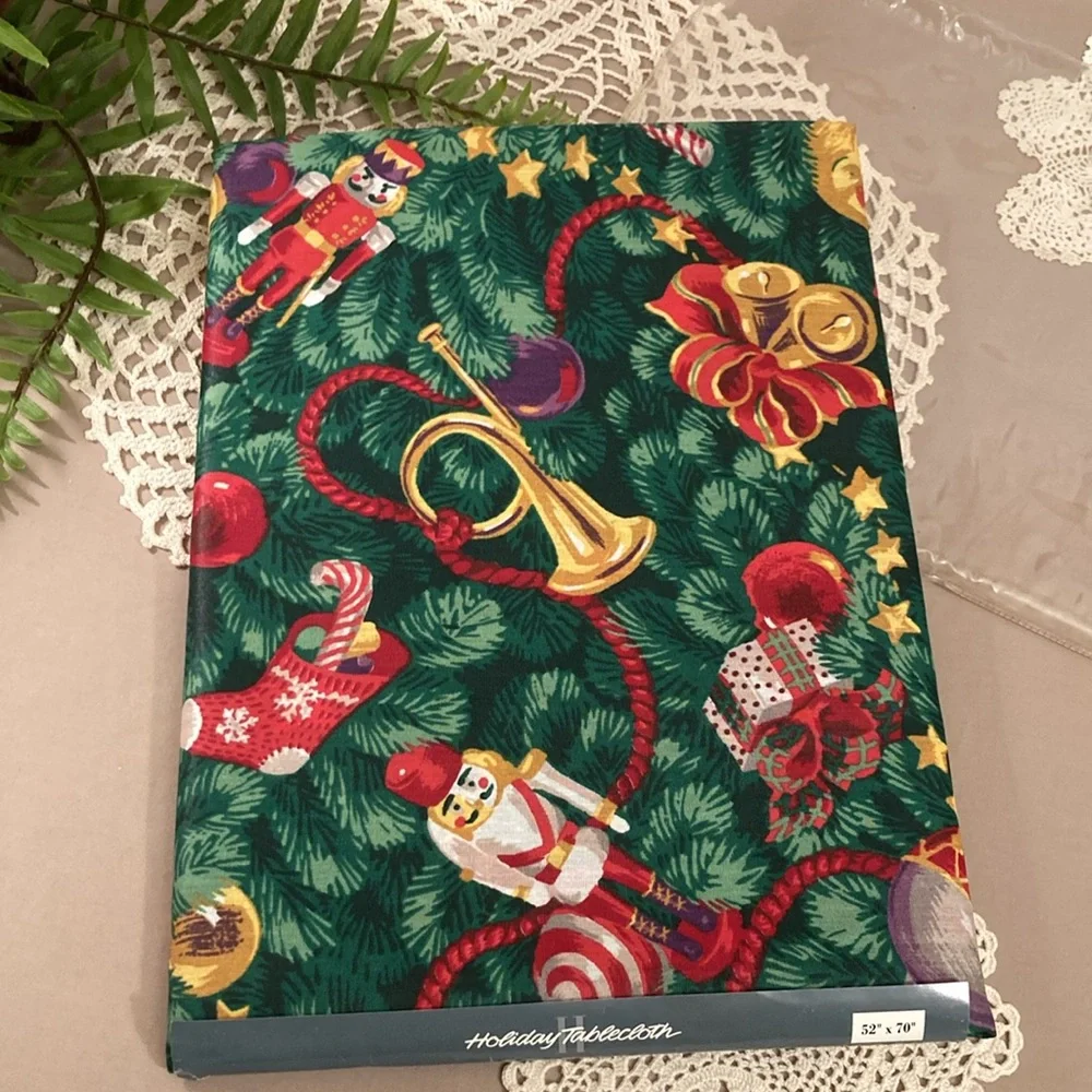 New Vintage 1990s Fabric Christmas Tablecloth Nutcracker Snowman Teddy Bear